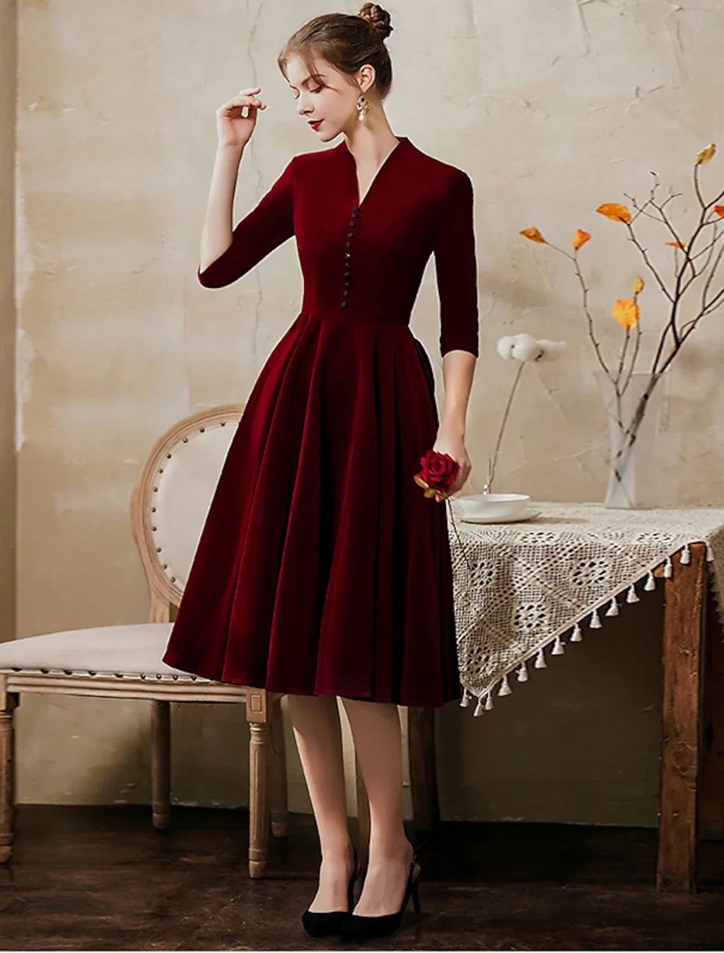 Minimalist Vintage Party Wear Cocktail Party Dress V Neck Half Sleeve Tea Length with Sleek