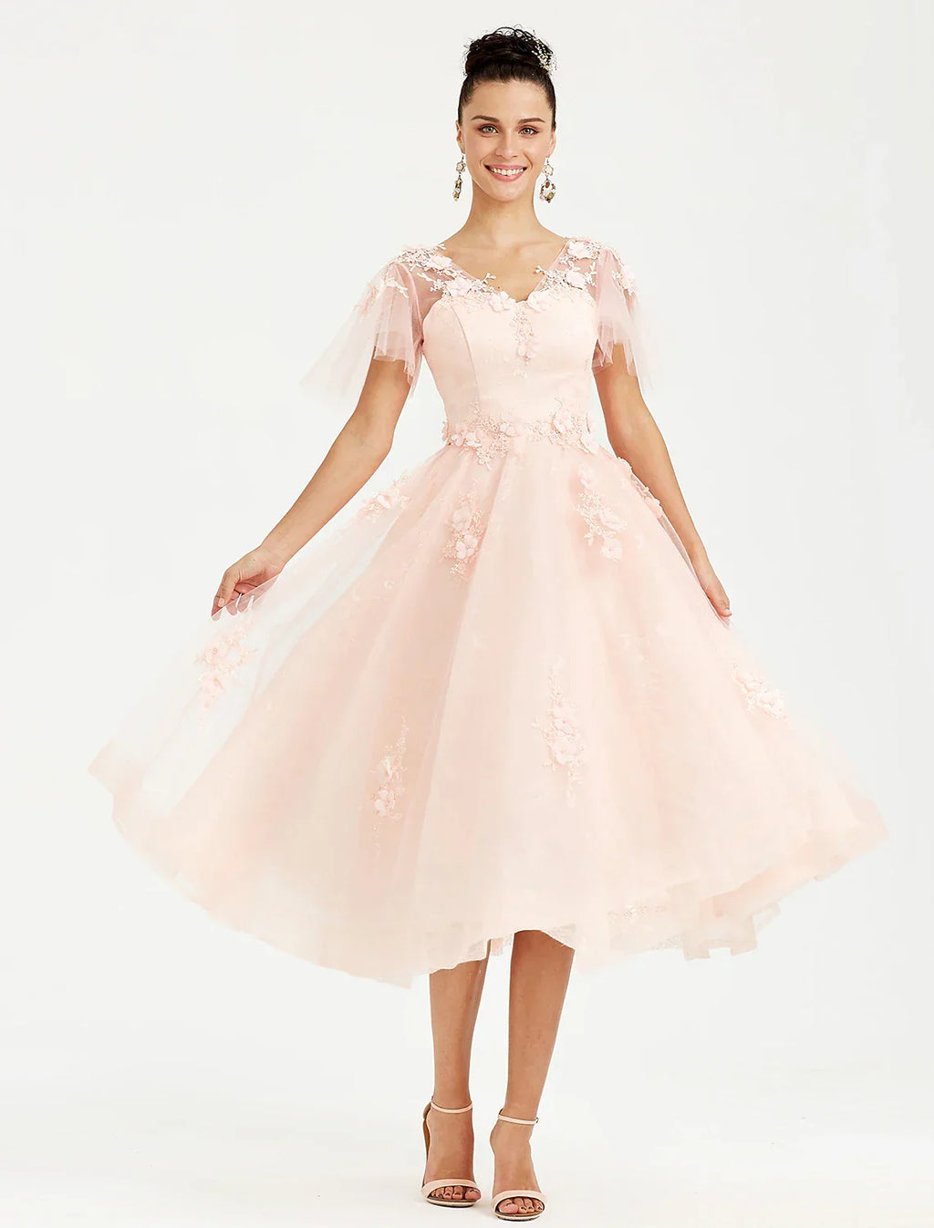 Wedding Guest Tea Length Short Sleeve V Neck with Appliques
