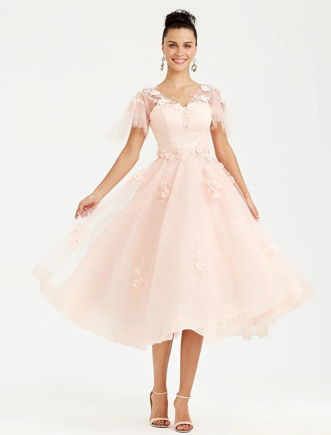 Wedding Guest Tea Length Short Sleeve V Neck with Appliques