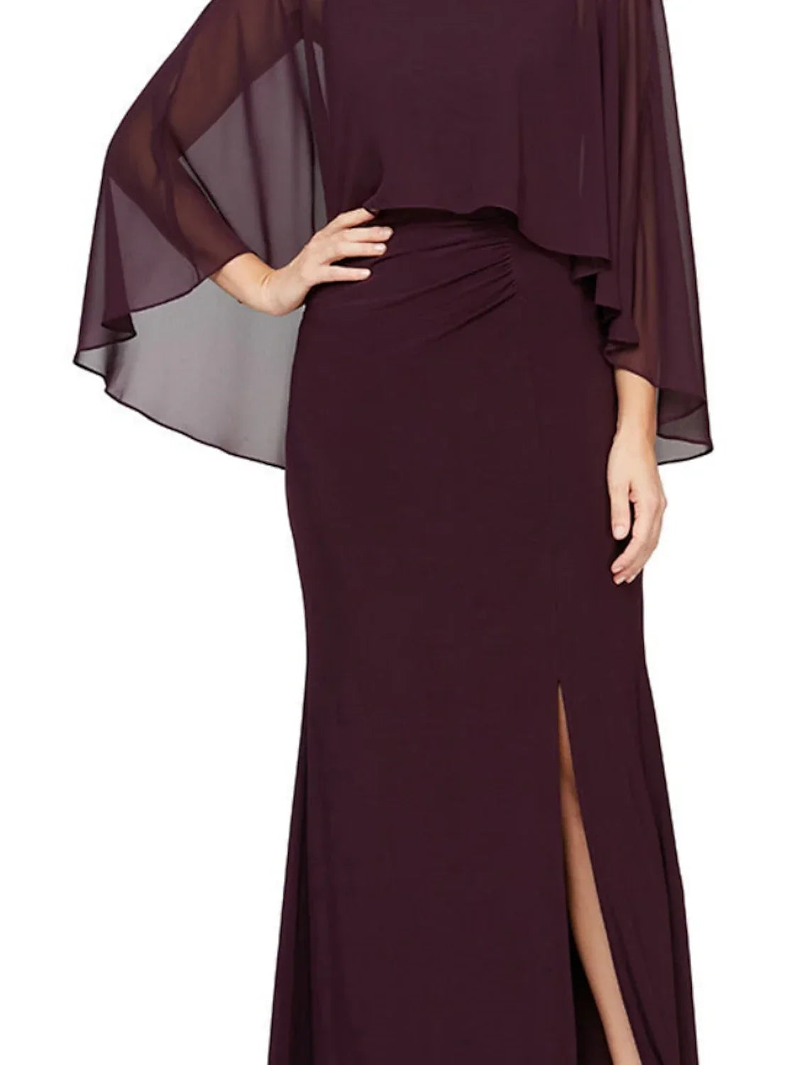 Mother of the Bride Dress Wedding Guest Elegant Jewel Neck Ankle Length Long Sleeve with Split Front Ruching