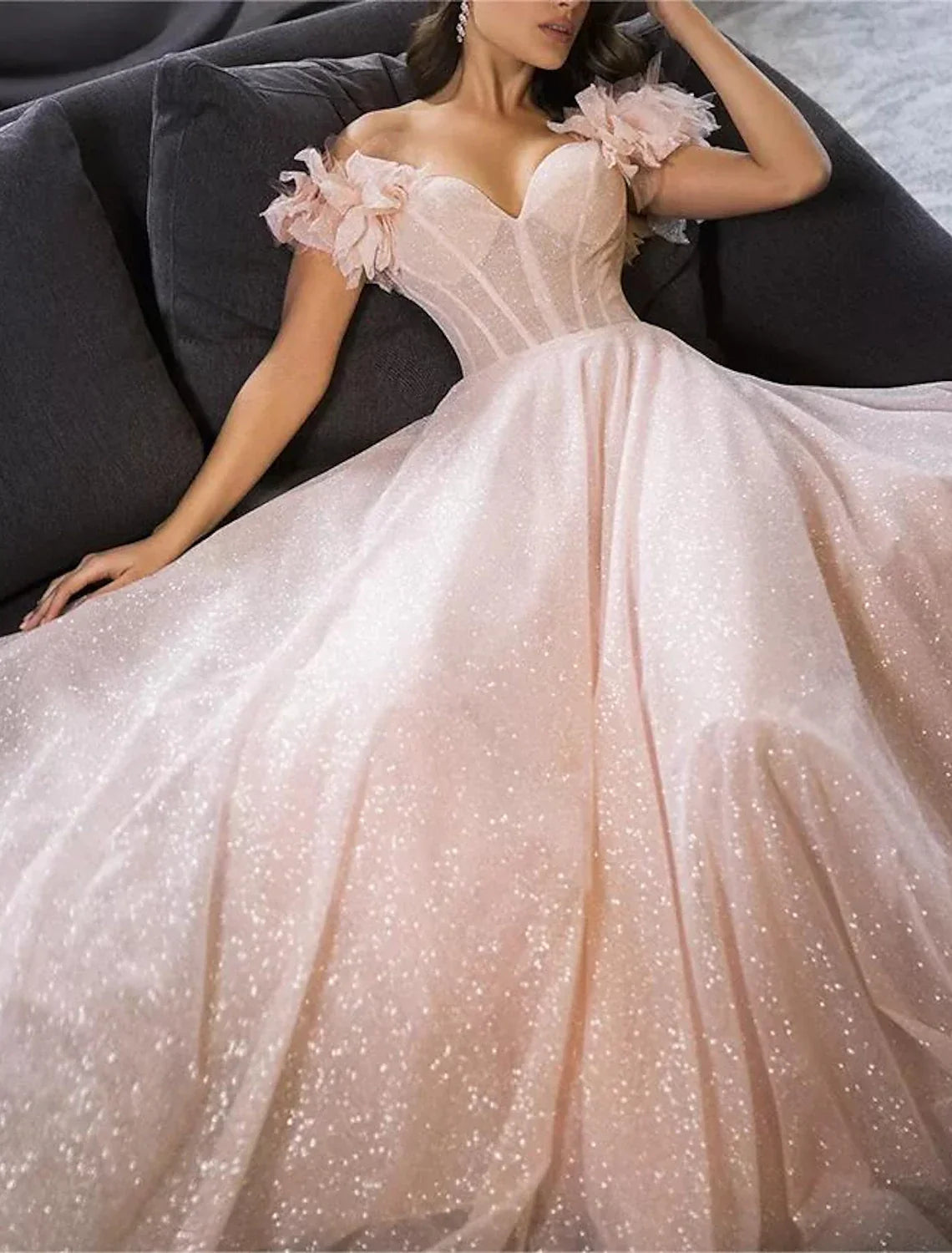 Glittering Dress Prom Birthday Floor Length Sleeveless Off Shoulder with Glitter Crystals