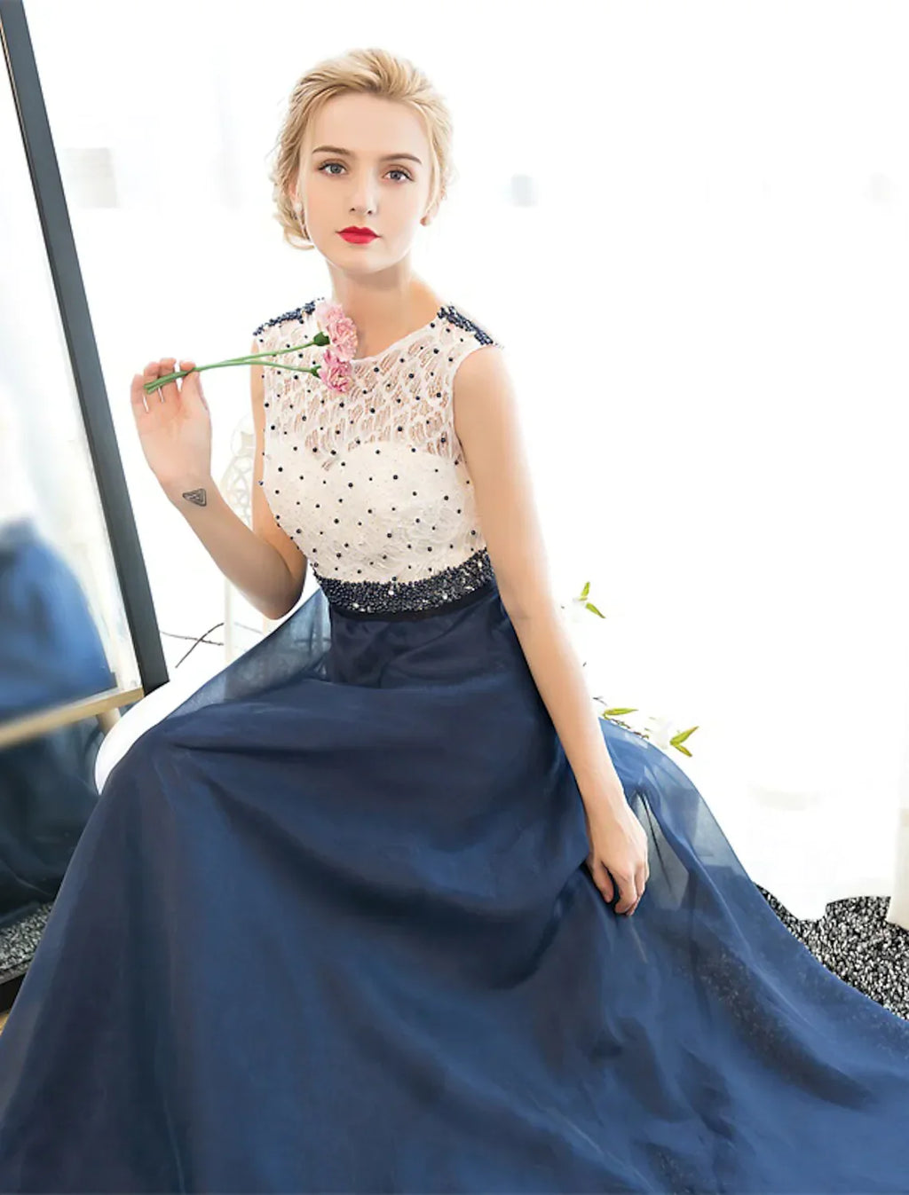 Beaded Prom Formal Evening Dress Sleeveless Floor Length Over Beading