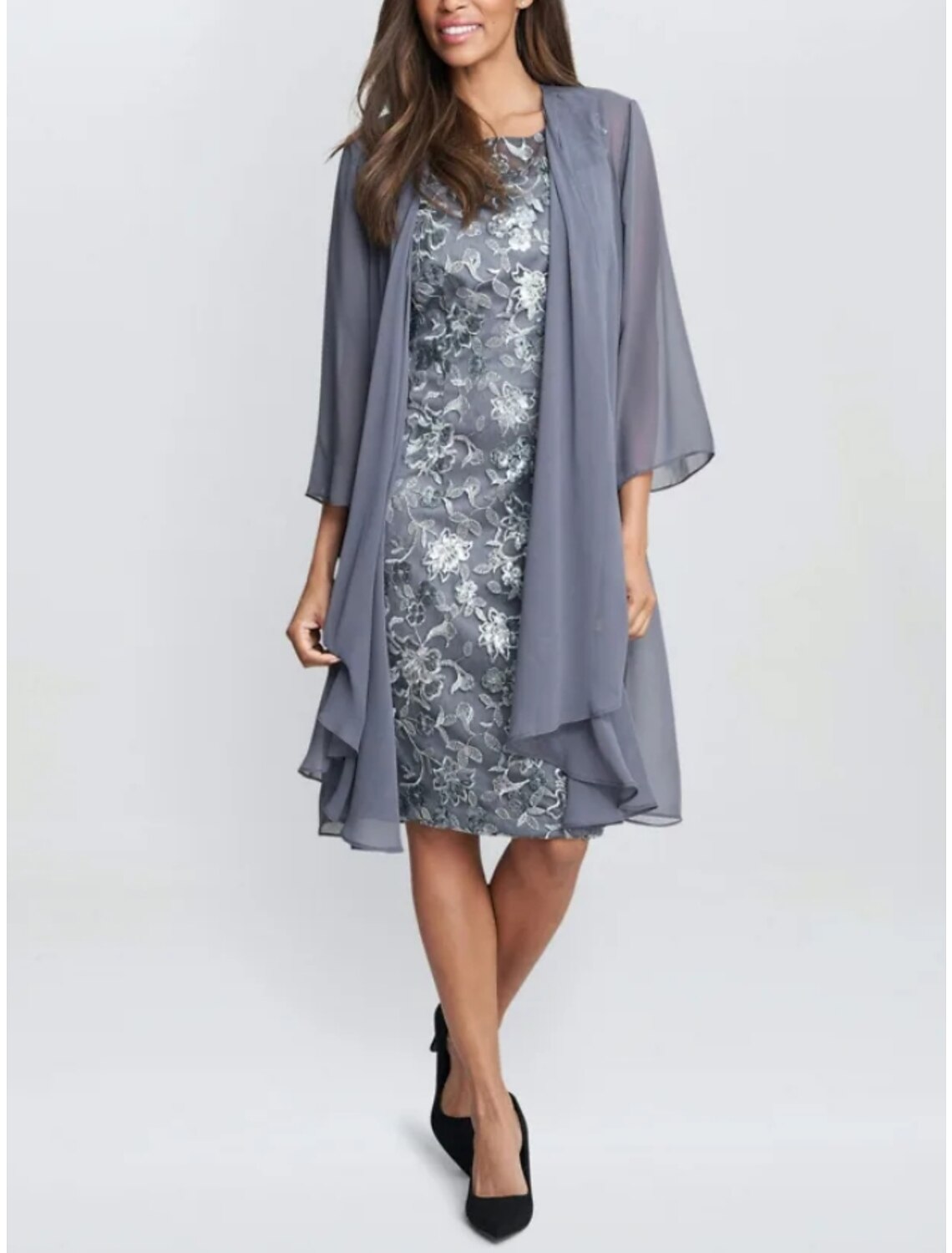 Two Piece Mother of the Bride Dress Wedding Guest Elegant Petite Scoop Neck Knee Length Long Sleeve with Ruching Solid Color
