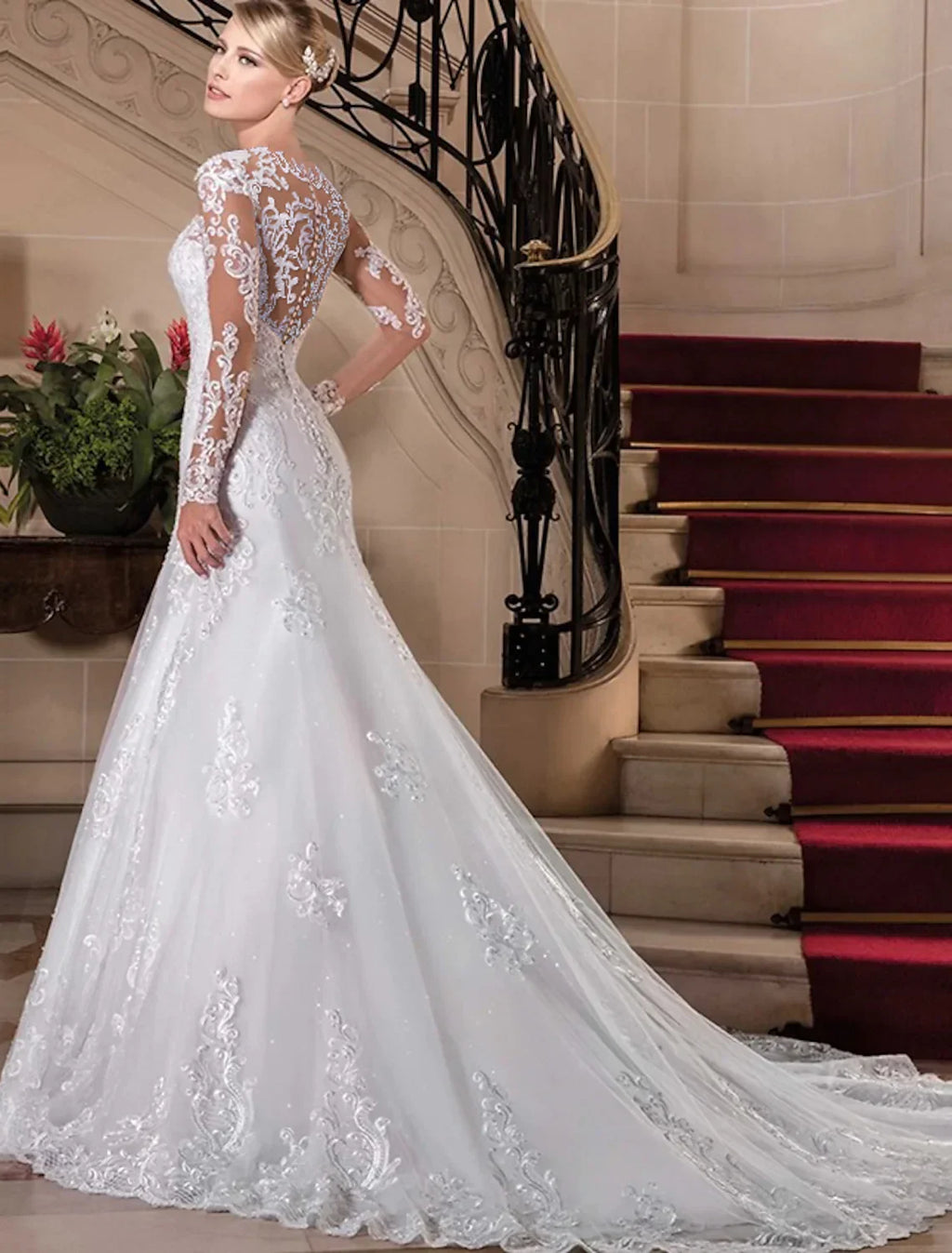 Engagement Formal Wedding Dresses Chapel Long Sleeve V Neck Beading