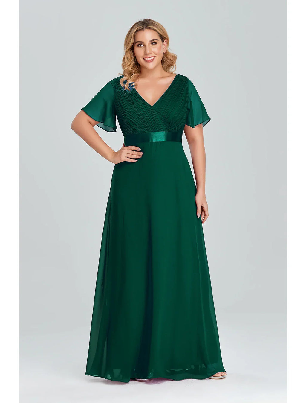 Empire Dress Wedding Guest Floor Length Short Sleeve V Neck with Pleats