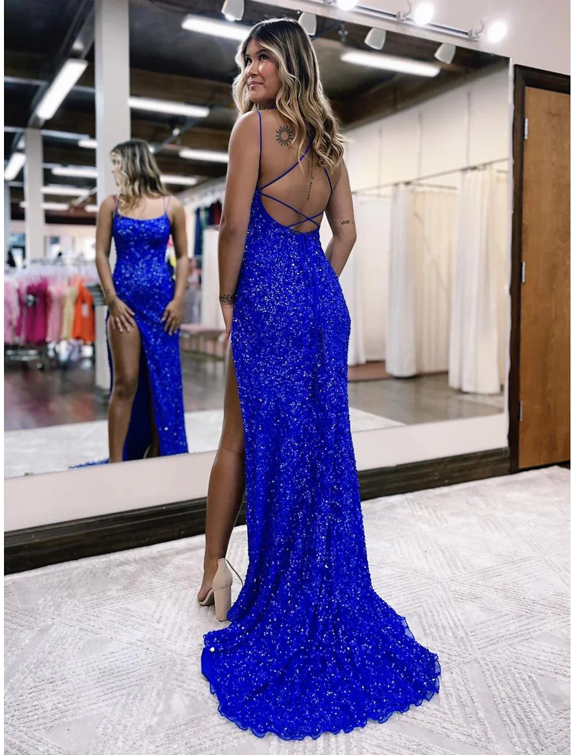 Mermaid / Trumpet Prom Dresses Sparkle & Shine Dress Formal Sweep / Brush Train Sleeveless Spaghetti Strap Backless with Slit