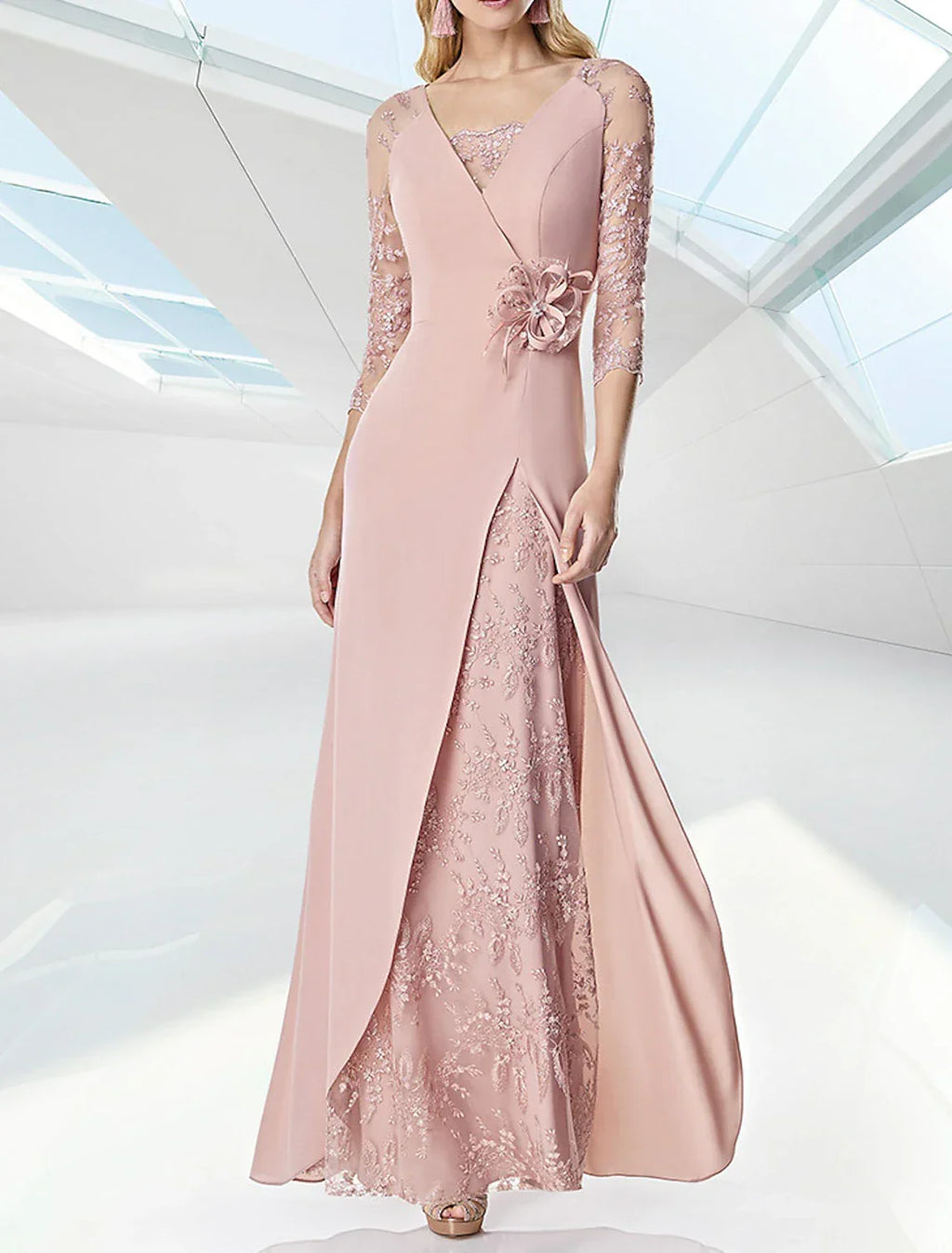 Evening Gown Elegant Dress Formal Floor Length 3/4 Length Sleeve V Neck Fall Wedding Guest with Embroidery