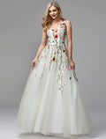 Floor Length Sleeveless V Neck with Embroidery Appliques