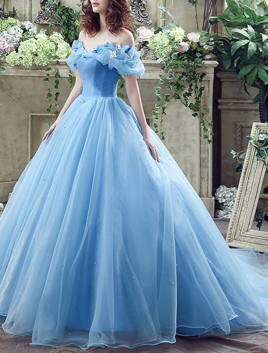 Ball Gown Evening Gown Floral Dress Quinceanera Prom Court Train Short Sleeve Off Shoulder with Appliques