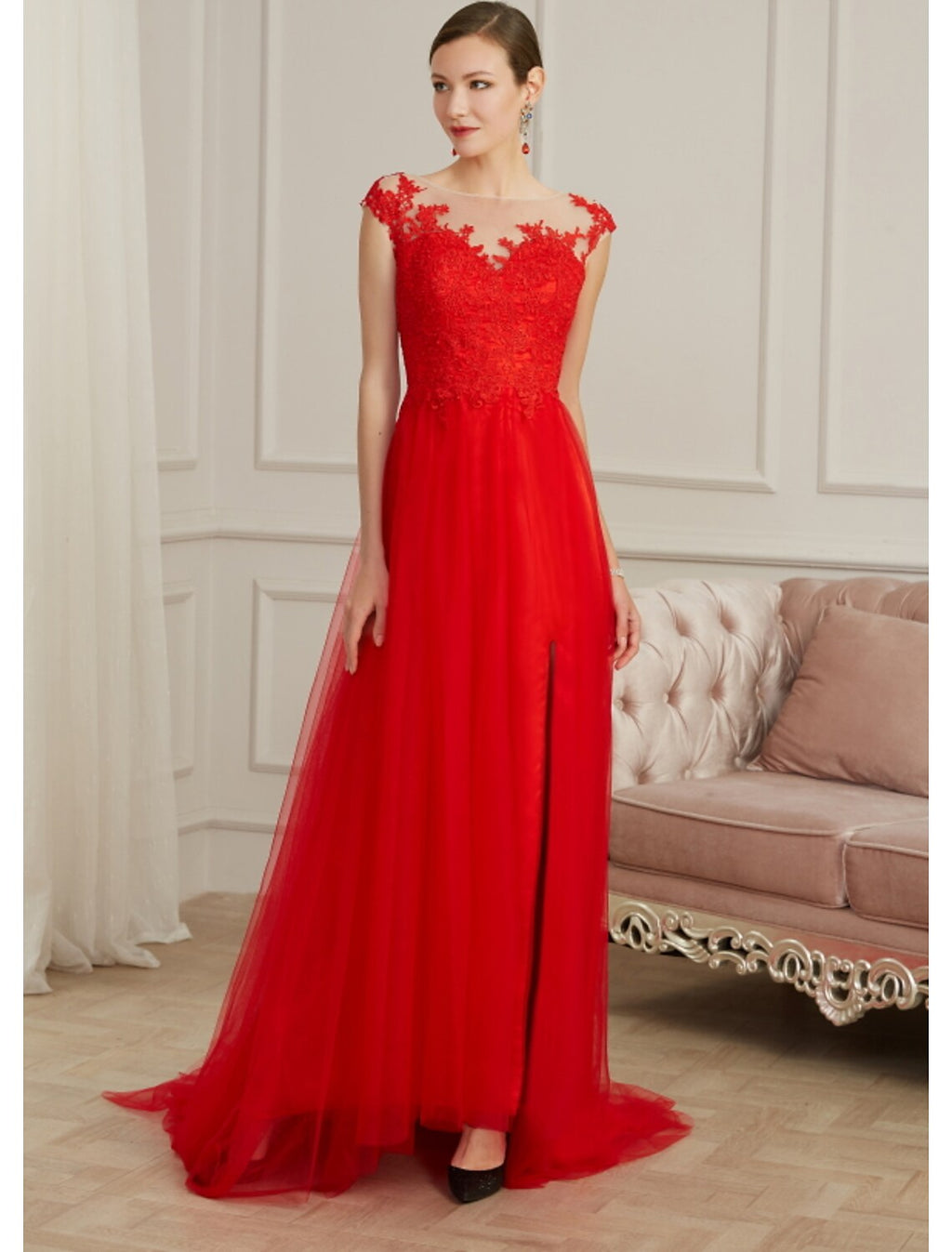 Evening Gown Elegant Dress Engagement Sleeveless Illusion Neck with Slit Appliques