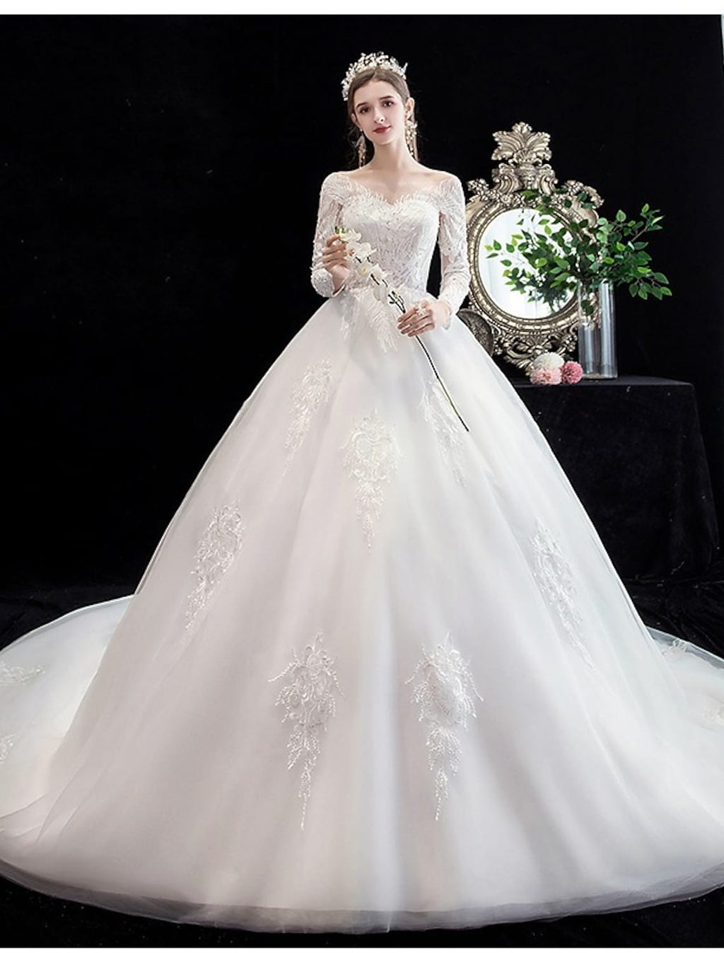 Engagement Formal Wedding Dresses Long Sleeve Off Shoulder Beading