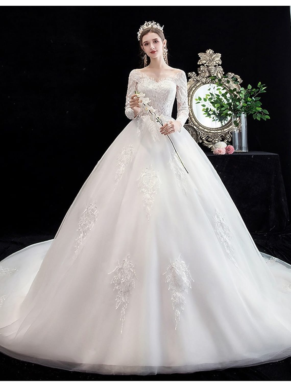Engagement Formal Wedding Dresses Long Sleeve Off Shoulder Beading