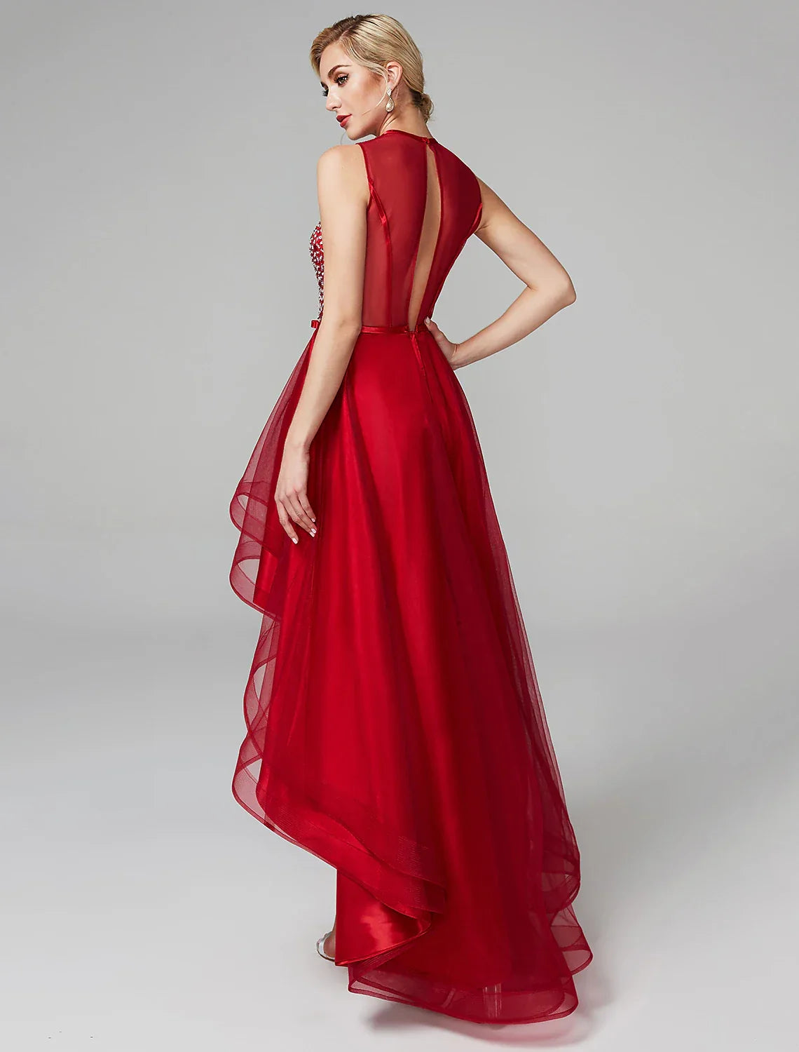 Sparkle & Shine Dress Wedding Guest Cocktail Party Asymmetrical Sleeveless Jewel Neck with Bow(s)