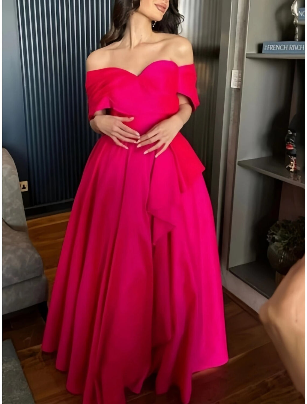Green Evening Gown Elegant Dress Formal Floor Length Christmas Red Dress Short Sleeve Off Shoulder with Pleats
