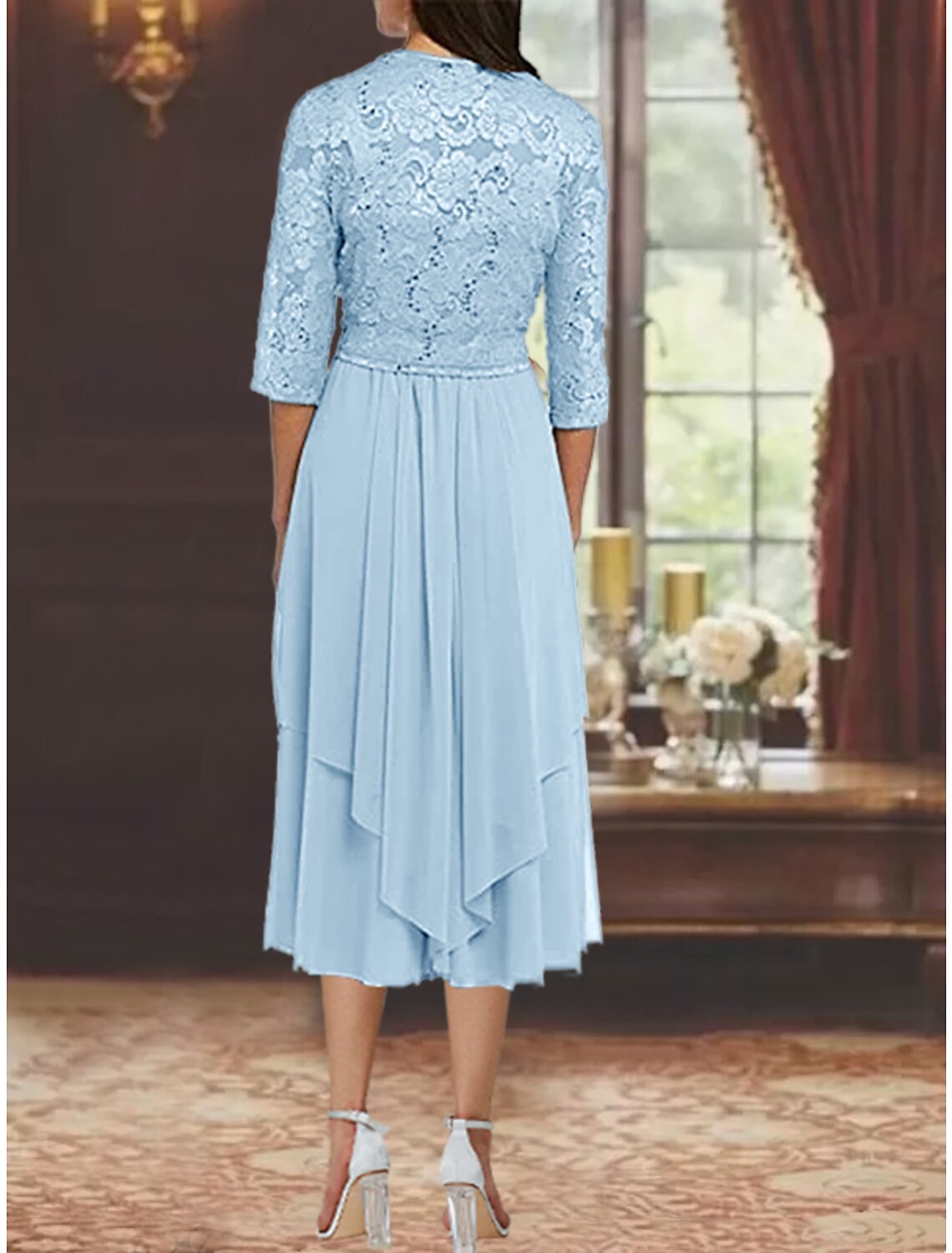 Two Piece A-Line Mother of the Bride Dress Formal Wedding Guest Elegant Square Neck Tea Length 3/4 Length Sleeve Wrap Included with Pleats