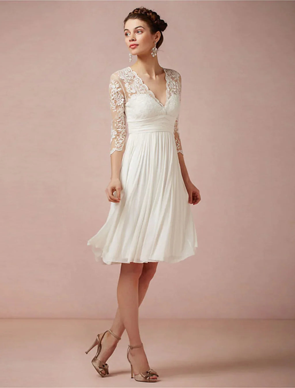 White Bridal Open Back Little Dresses Wedding Dresses Knee Length A-Line V Neck