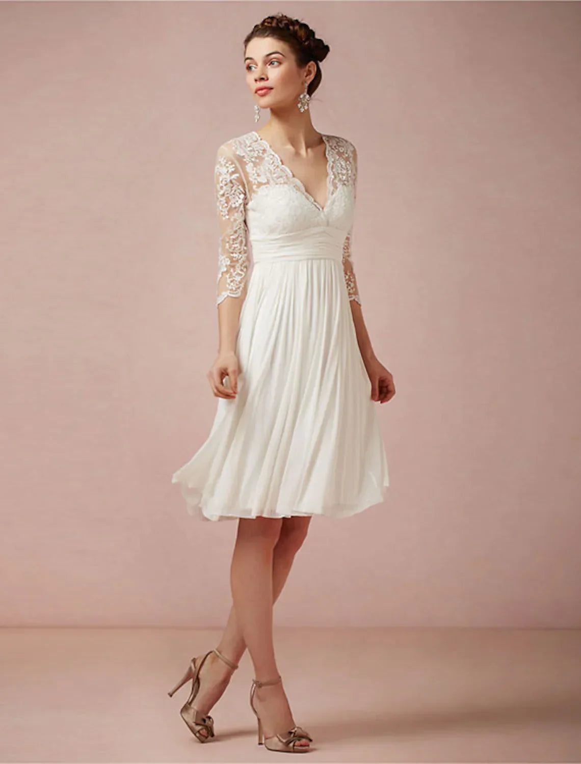 White Bridal Open Back Little Dresses Wedding Dresses Knee Length A-Line V Neck