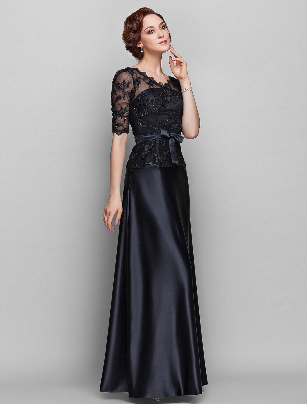 Mother of the Bride Dress V Neck Floor Length Half Sleeve with Bow(s) Beading