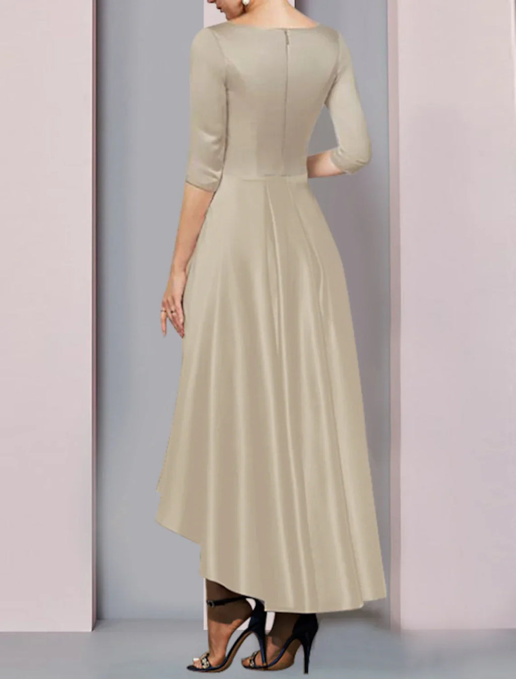 Mother of the Bride Dress Wedding Guest Elegant High Low V Neck Asymmetrical Ankle Length Half Sleeve with Pleats Side-Draped