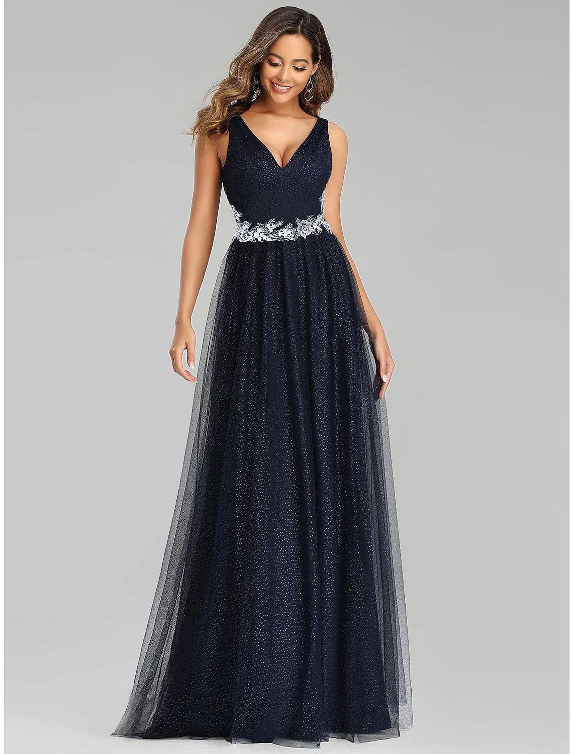 Empire Dress Wedding Guest Floor Length Sleeveless V Neck with Appliques