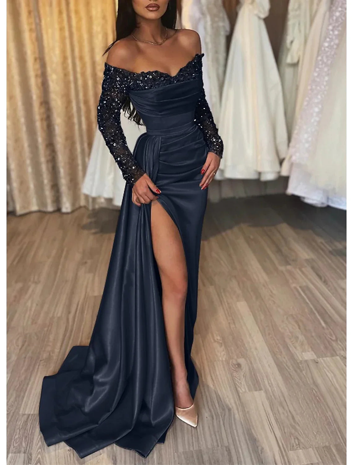 Black Mermaid Dress Evening Gown Ruched Dress Formal Sparkle Wedding Party Court Train Long Sleeve Off Shoulder Fall Wedding Reception with Slit