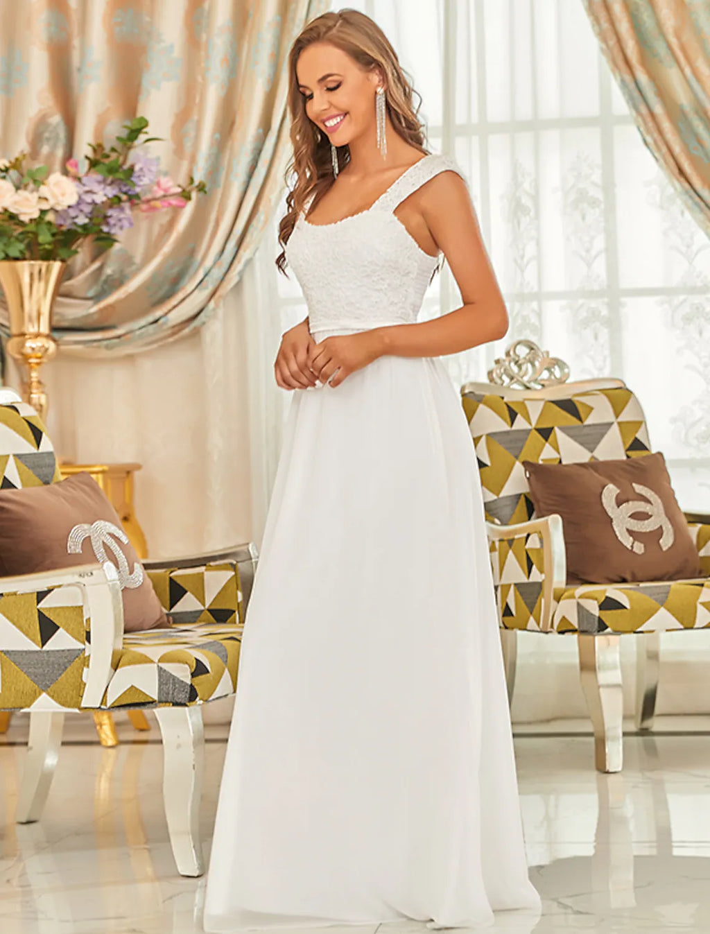 Formal Evening Dress Backless Sleeveless Floor Length with Pleats