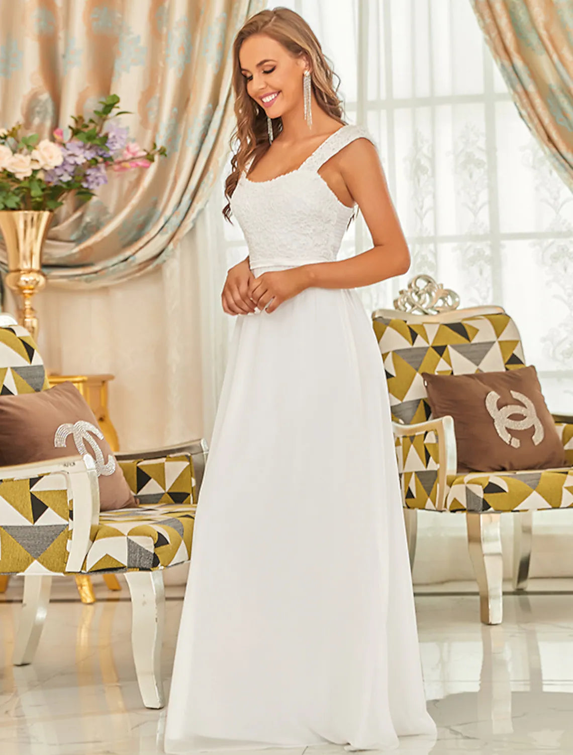 Formal Evening Dress Backless Sleeveless Floor Length with Pleats
