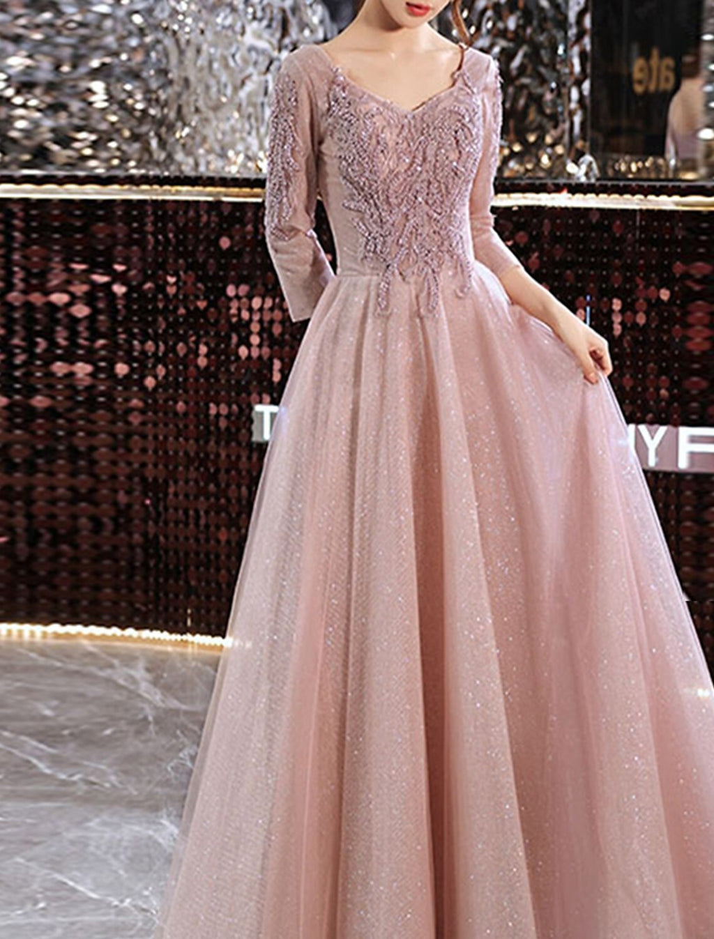 Sparkle & Shine Dress Wedding Guest Prom Floor Length 3/4 Length Sleeve V Neck with Appliques