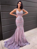 Trumpet/Mermaid Sleeveless Sweep/Brush Train Applique V-neck Dresses