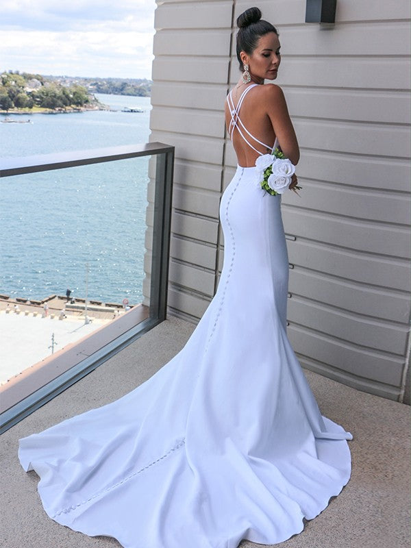 Sheath/Column V-neck Ruched Sleeveless Sweep/Brush Train Wedding Dresses