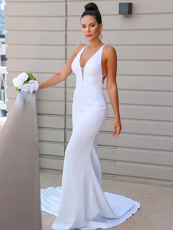 Sheath/Column V-neck Ruched Sleeveless Sweep/Brush Train Wedding Dresses