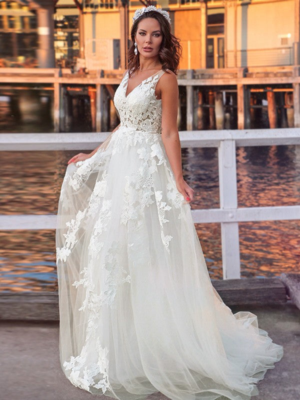 A-Line/Princess Sleeveless Applique V-neck Sweep/Brush Train Wedding Dresses