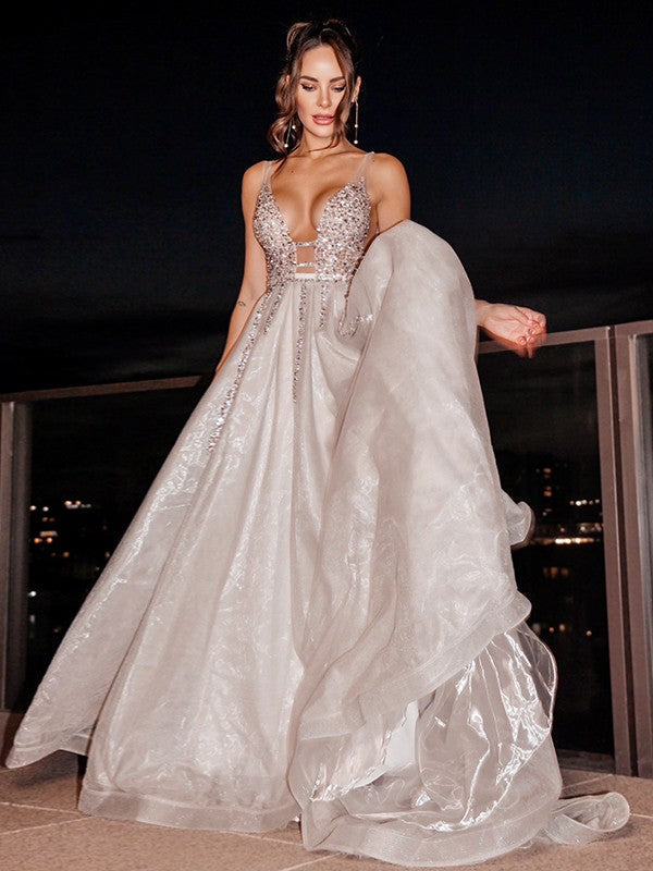 A-Line/Princess V-neck Sleeveless Beading Sweep/Brush Train Dresses