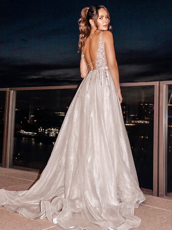 A-Line/Princess V-neck Sleeveless Beading Sweep/Brush Train Dresses