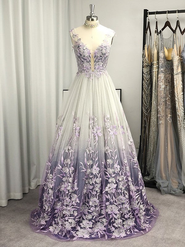 A-Line/Princess V-neck Applique Sleeveless Floor-Length Dresses