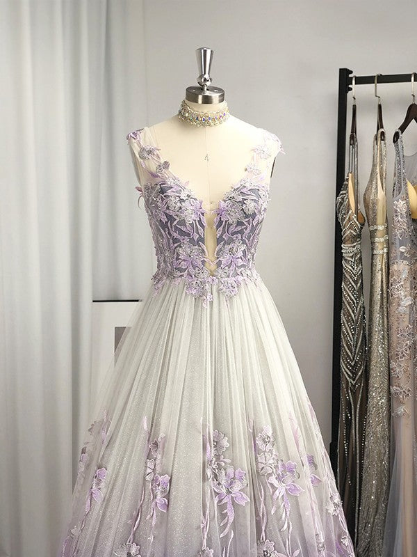 A-Line/Princess V-neck Applique Sleeveless Floor-Length Dresses