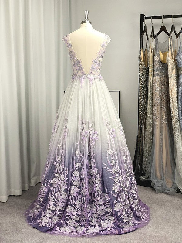 A-Line/Princess V-neck Applique Sleeveless Floor-Length Dresses