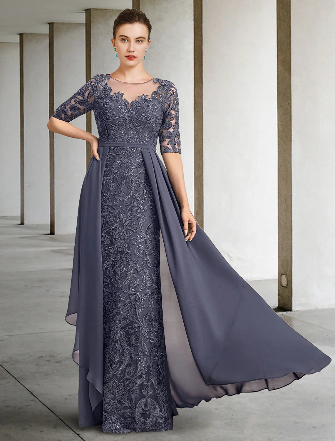 Mother of the Bride Dress Formal Wedding Guest Elegant Scoop Neck Floor Length Half Sleeve with Bow(s)