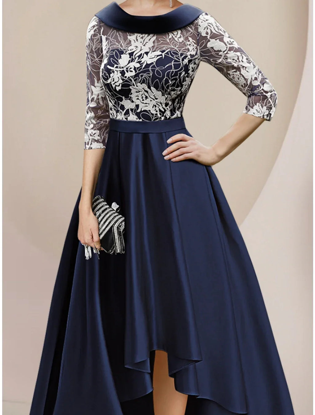Mother of the Bride Dress Wedding Guest Elegant Scoop Neck Asymmetrical Ankle Length Half Sleeve with Ruching