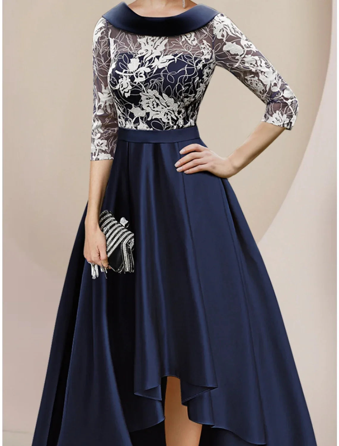 Mother of the Bride Dress Wedding Guest Elegant Scoop Neck Asymmetrical Ankle Length Half Sleeve with Ruching