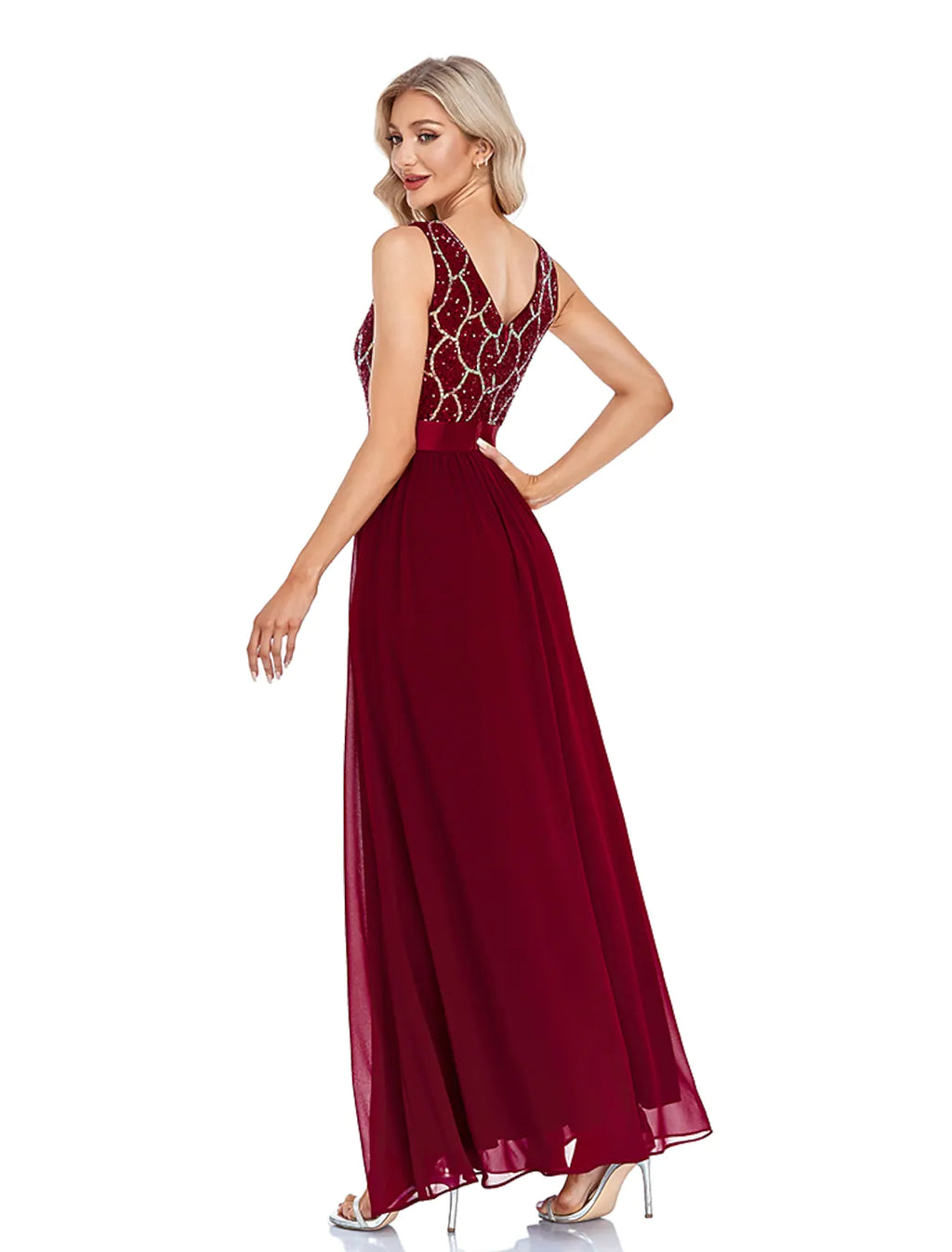 Evening Gown Sexy Dress Wedding Sleeveless V Neck V Back with Splicing