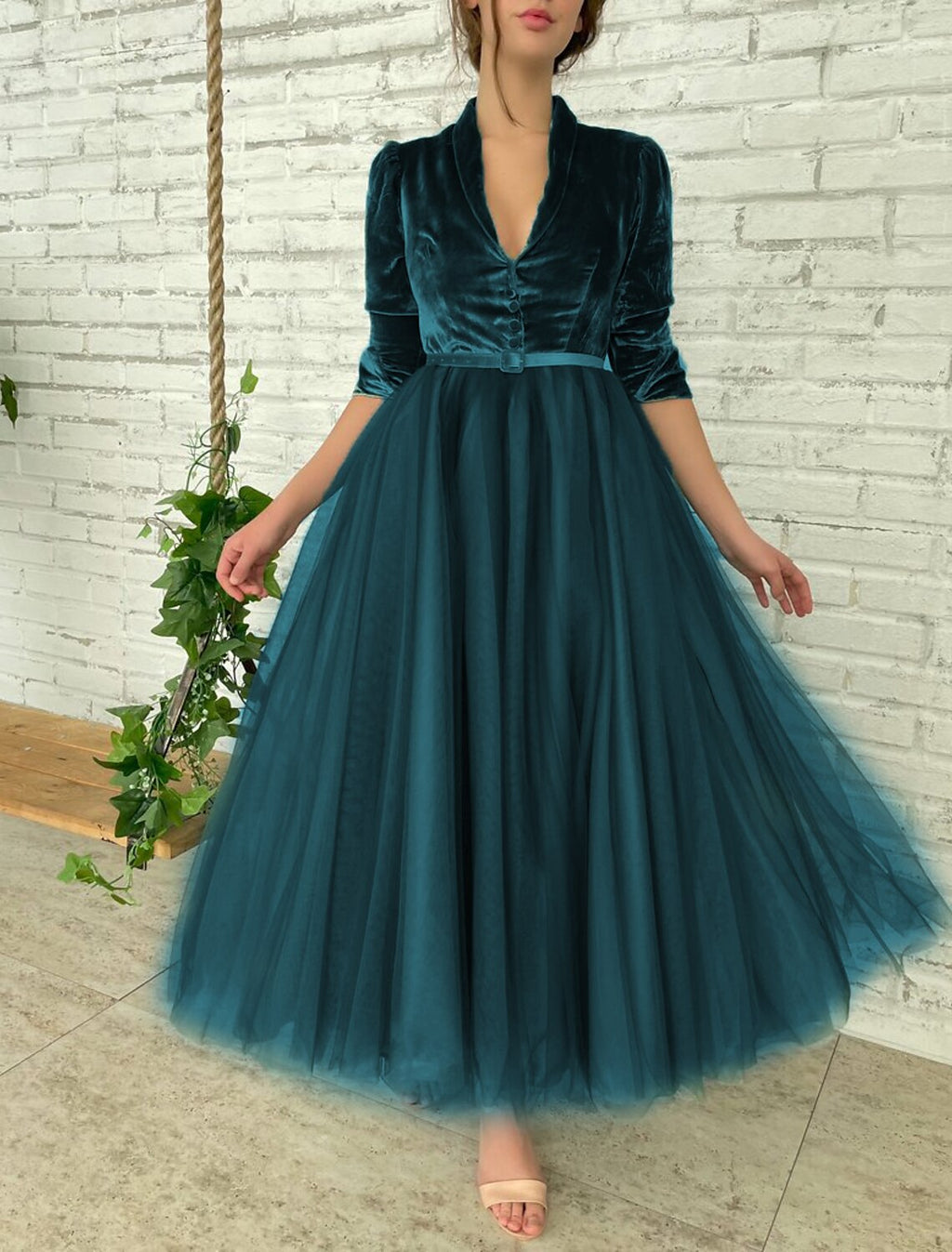 Ball Gown Cocktail Dresses Elegant Dress Party Wear Quinceanera Ankle Length Half Sleeve V Neck with Sash / Ribbon Buttons Splicing