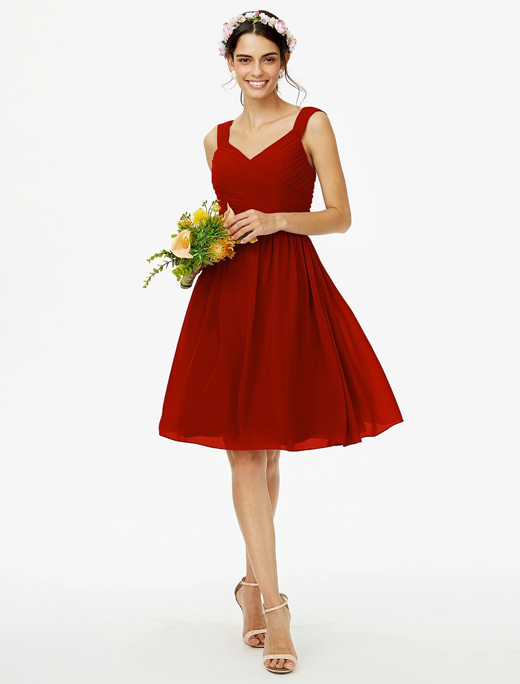 Bridesmaid Dress Straps Sleeveless Open Back Knee Length Sash Ribbon Bow(s)
