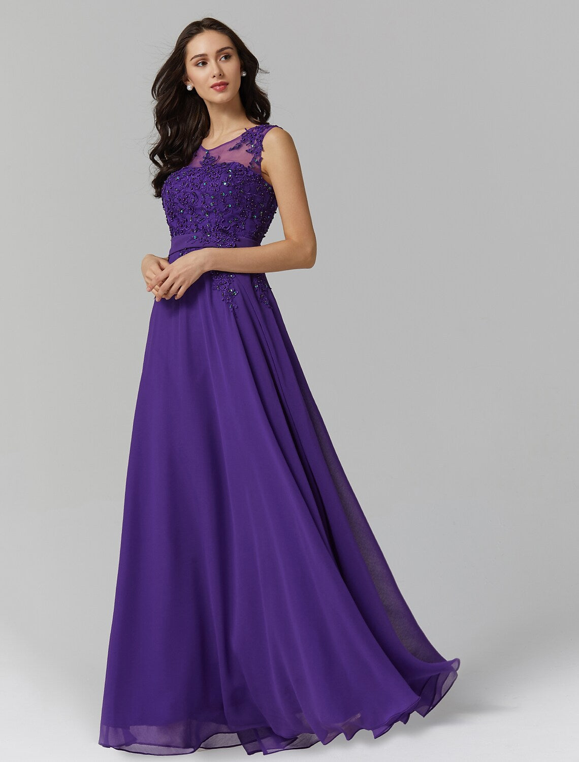 Evening Dresses Wedding Guest Floor Length Sleeveless V Back Beading Appliques