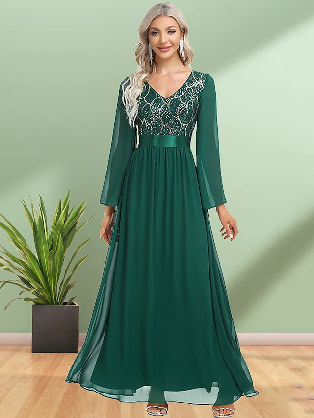 Evening Gown Elegant Dress Party Wear Floor Length Long Sleeve V Neck