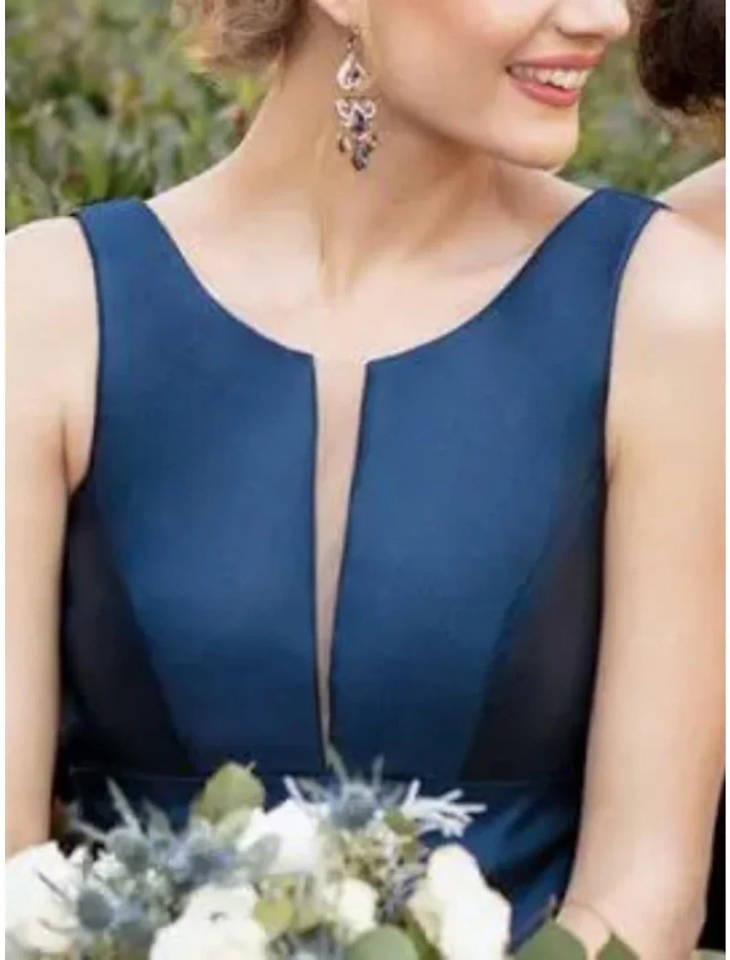 Blue Sheath / Column Bridesmaid Dress Scoop Neck Sleeveless Floor Length with Pleats / Solid Color