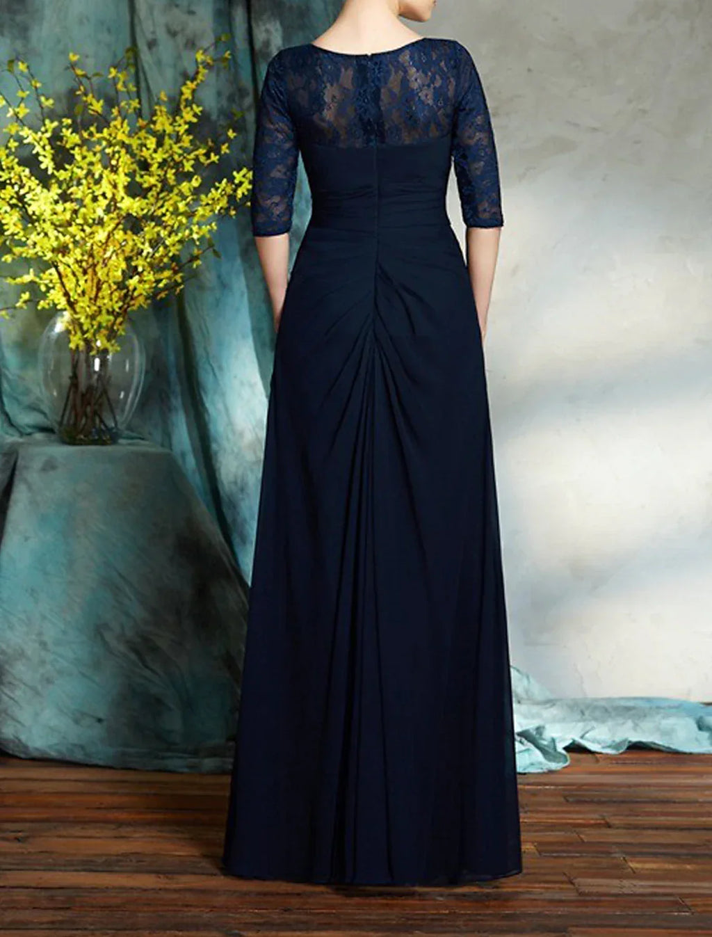 Mother of the Bride Dress Wedding Guest Elegant Scoop Neck Floor Length Half Sleeve with Crystals Ruching