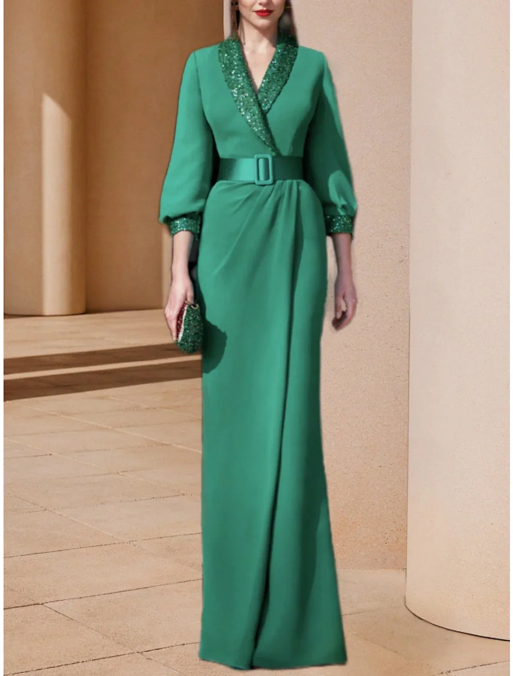 Mother of the Bride Dress Wedding Guest Elegant V Neck Sweep / Brush Train 3/4 Length Sleeve with Ruching