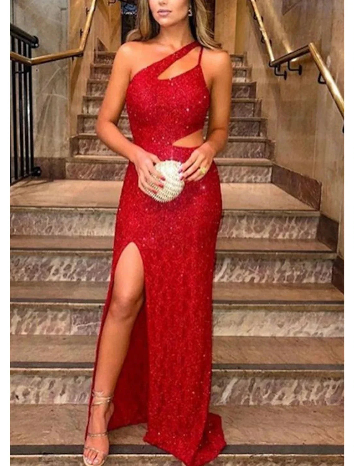 Evening Gown Elegant Dress Formal Prom Floor Length Sleeveless One Shoulder with Glitter