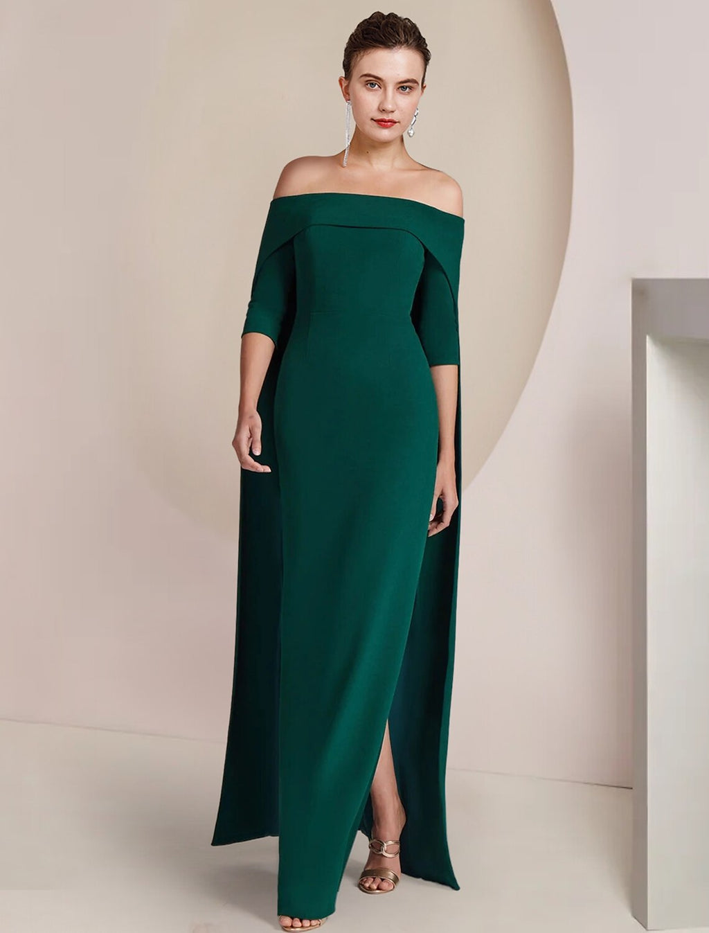 Sheath / Column Mother of the Bride Dress Formal Wedding Guest Elegant Strapless Floor Length Fabric Half Sleeve with Solid Color